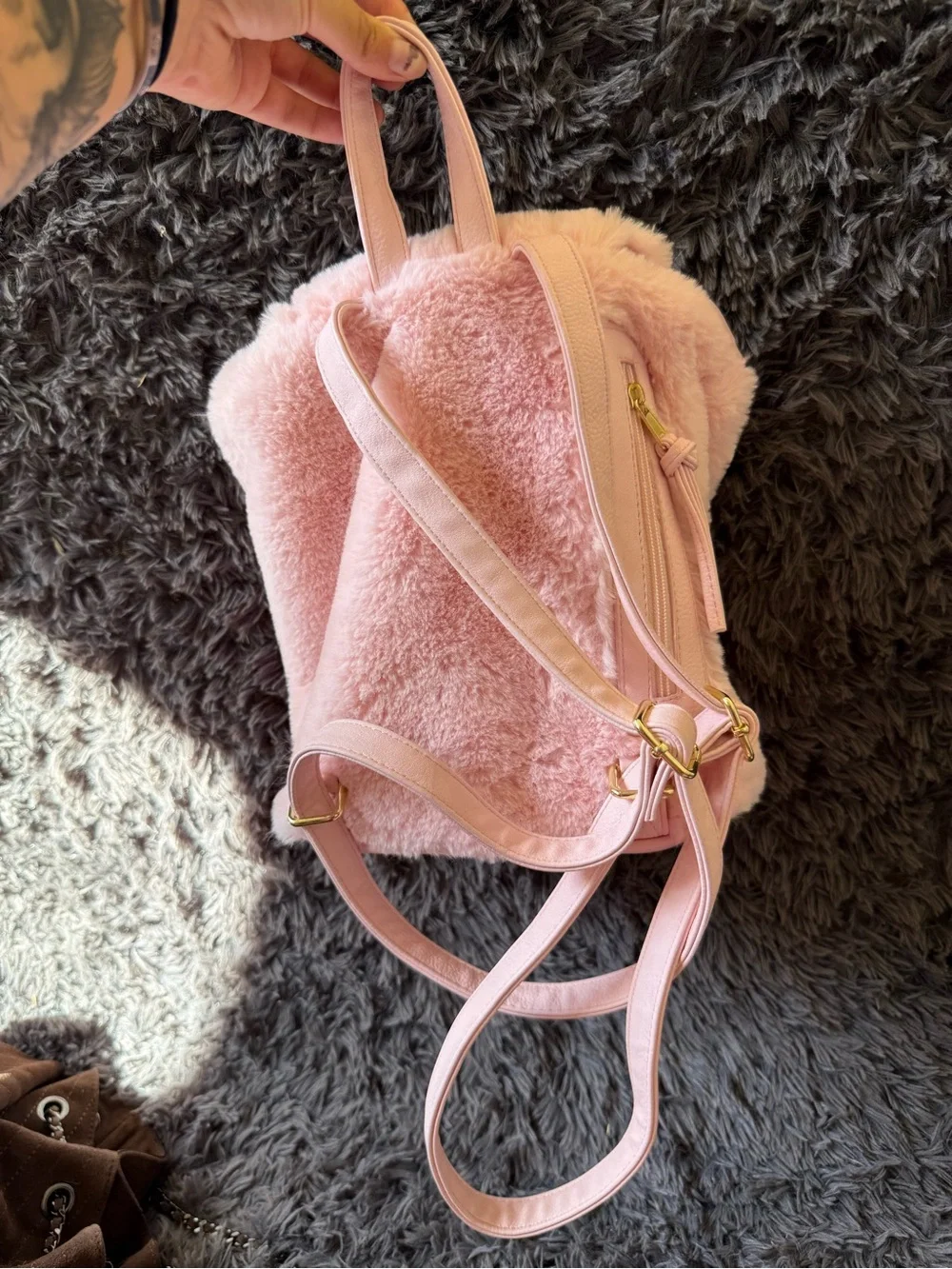 Furry blush pink backpack